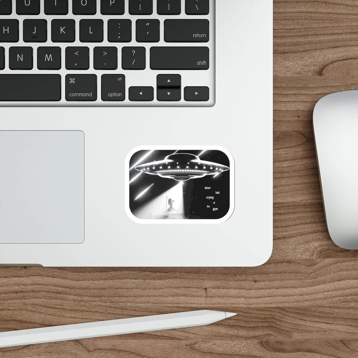 Picture of the down bad UFO sticker on a laptop
