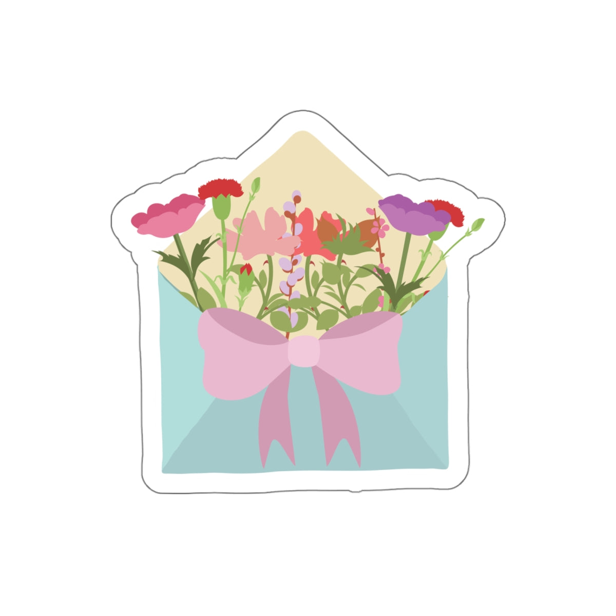 blue envelope filled with flowers with a pink bow