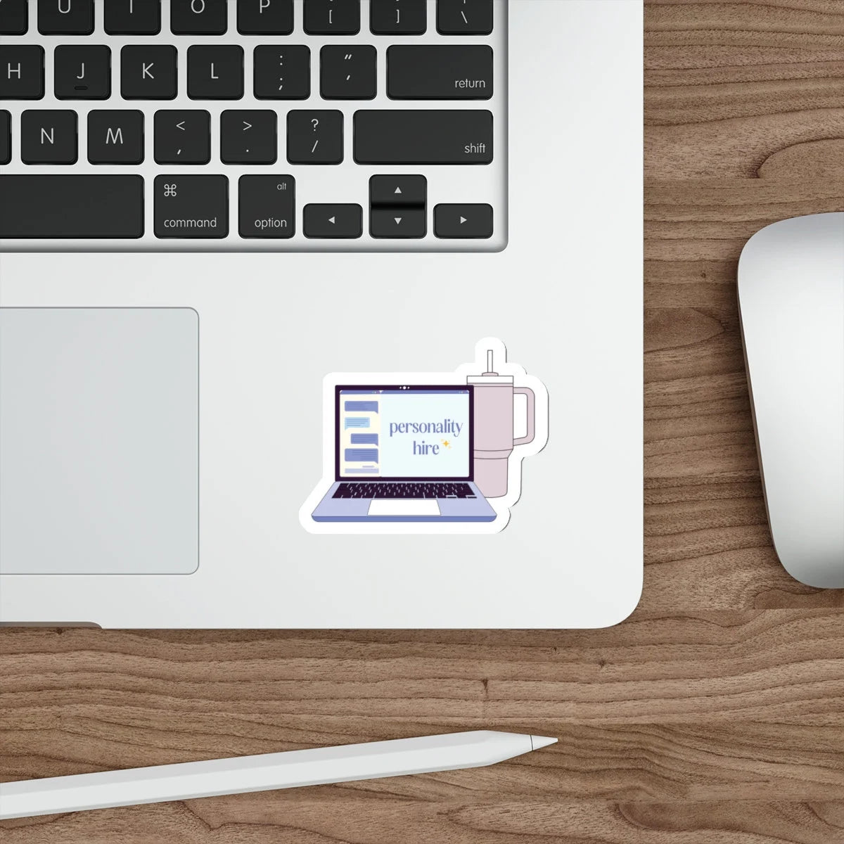 personality hire sticker of laptop with chat and stanley cup on a laptop
