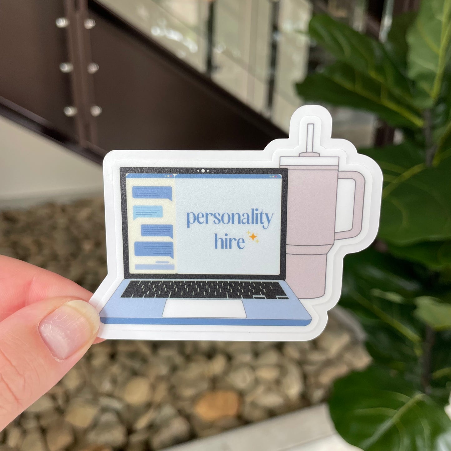 personality hire sticker showing a laptop with the chat open and a pink cup