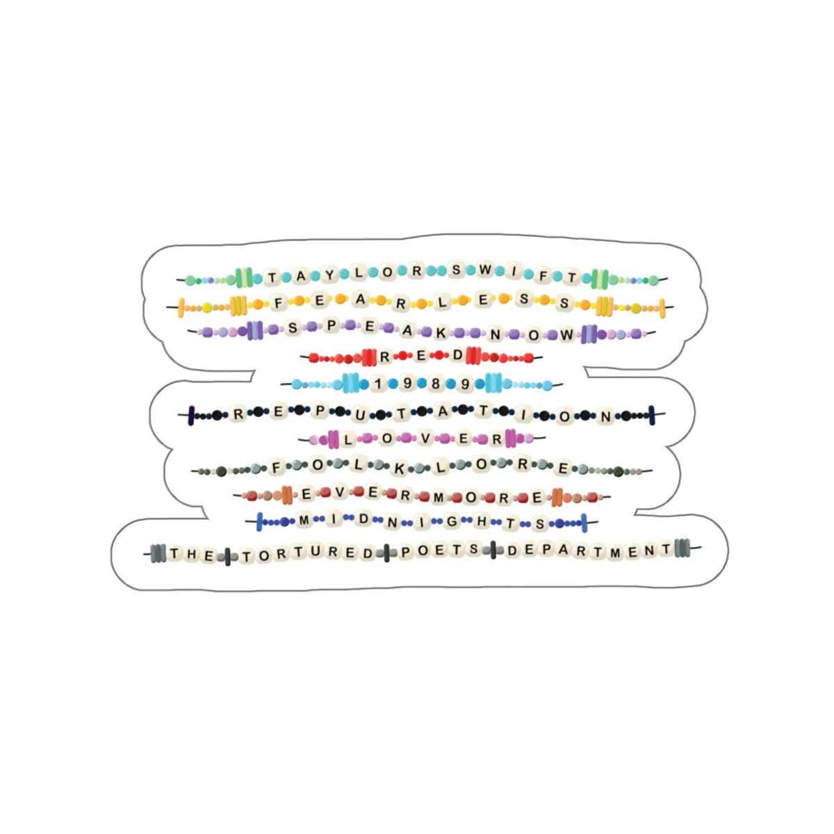 multicolored friendship bracelets with the titles of Taylor Swift's albums on them