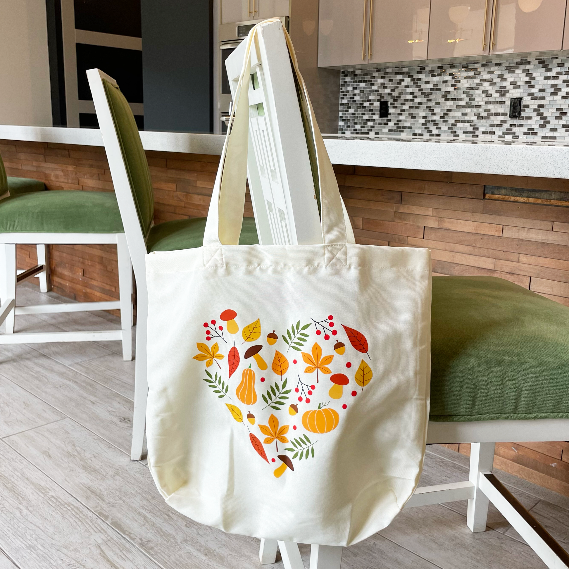 fall heart tote bag hanging from a chair