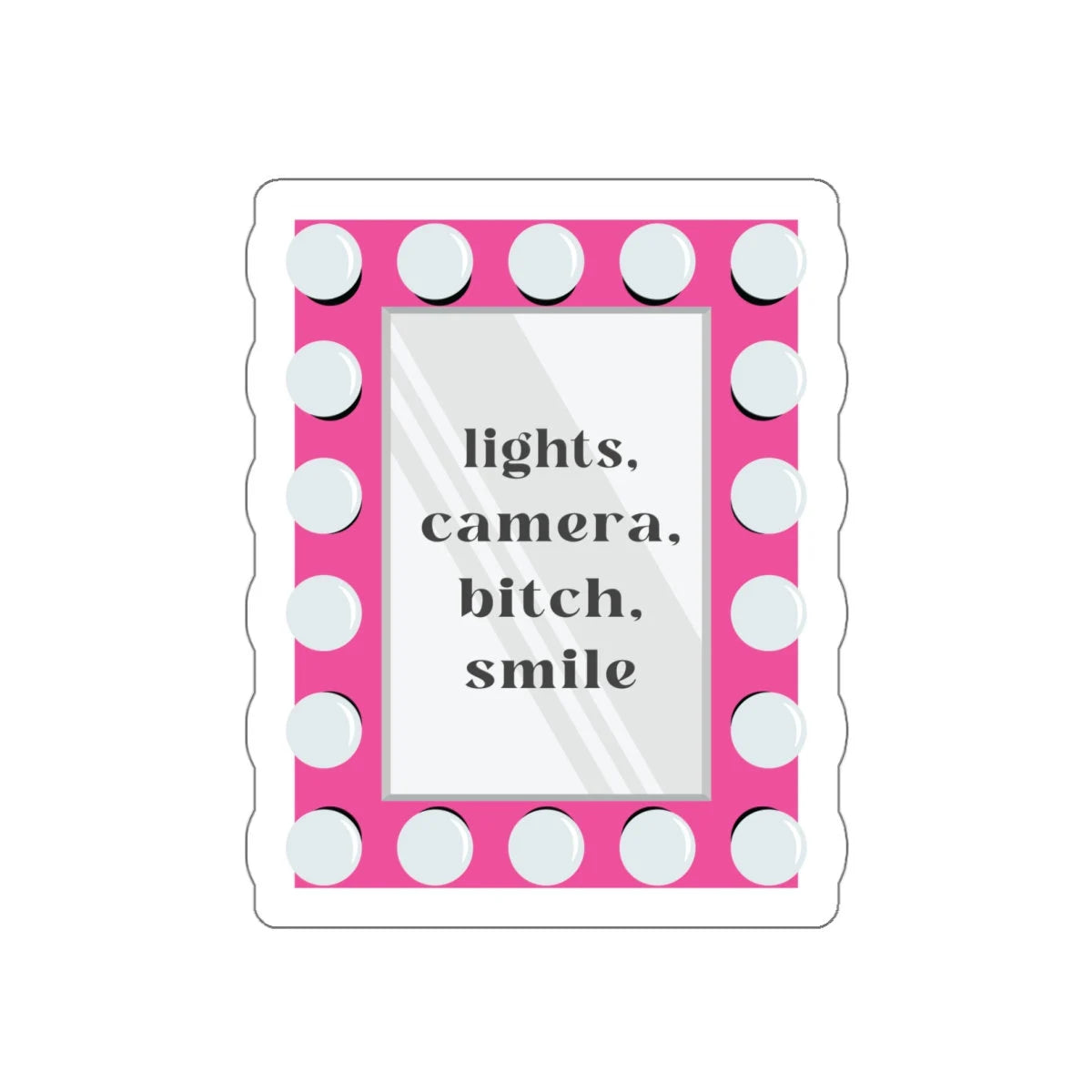 pink vanity mirror that has Taylor Swift lyrics "lights, camera, bitch, smile"