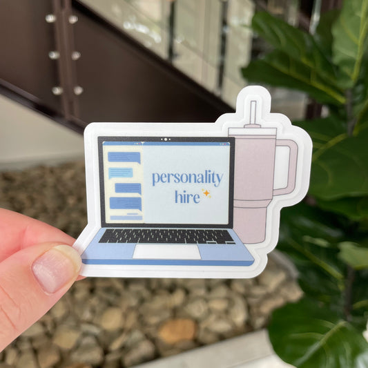 personality hire sticker showing a laptop with the chat open and a pink cup
